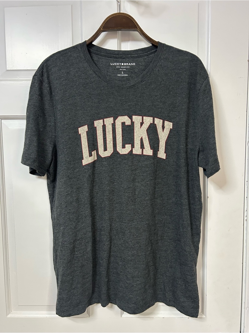 Lucky Brand Dark Charcoal Graphic 'LUCKY' Tee with Faded Ivory Lettering
